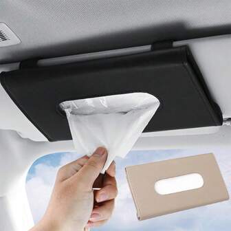 1个通用汽车遮阳板纸巾盒，PU皮革材质，耐用悬挂式抽屉盒，座椅靠背收纳整理盒，带纸巾盒，餐巾纸分配器，适用于汽车内饰，紧凑型旅行汽车遮阳板支架，多口袋设计，免提安装，通用型，适用于轿车、SUV、卡车、家庭公路旅行、日常通勤、婴儿儿童汽车收纳，防滑牢固安装，整洁的内饰保护，时尚黑色，小巧便携，是万圣节、感恩节、圣诞节等节日的理想礼物。