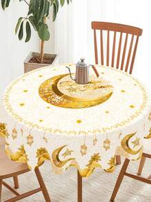 1pc, Ramadan Kareem Polyester Tablecloth, Round-150cm White Golden Moon Star & Eid Lantern Design Tablecover, Eid Celebrations, Eid Al-Fitr & Eid Al-Adha Holiday Table Decor, Family Gathering, Festive Kitchen, Home & Kitchen Decor, Ramadan Mubarak 2026 Party Supplies - Multicolor - View 7