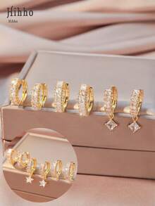 Hihho 3pairs/set Cubic Zirconia Decor Earrings - Yellow Gold - View 1