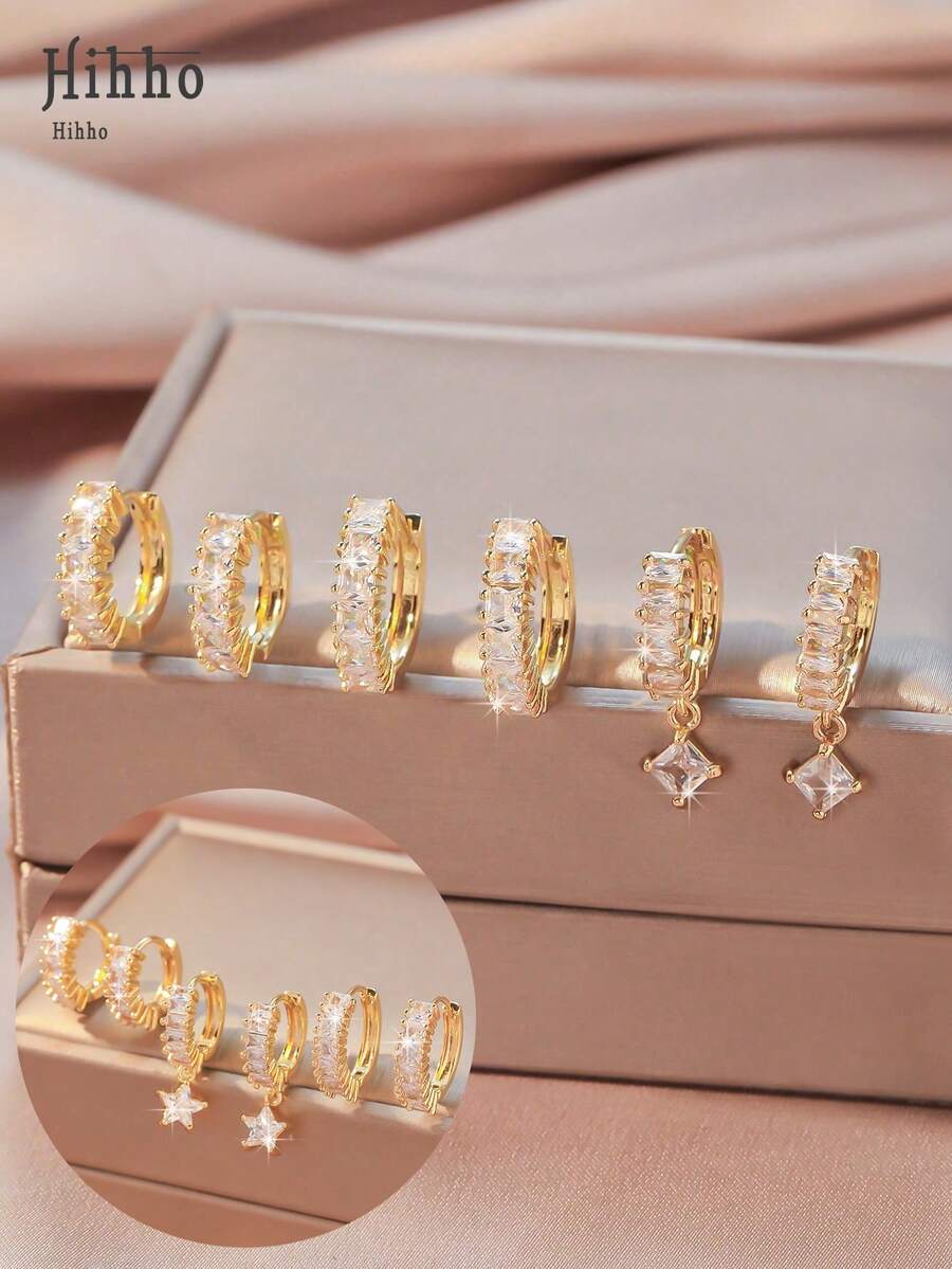 Hihho 3pairs/set Cubic Zirconia Decor Earrings - Yellow Gold - View 1