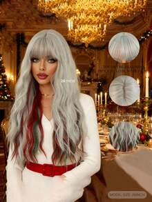 Billowig Long Curly Red Green Highlight Christmas Siler White Wigs Natural Heat Resistant Fibre Wet Wave Grey White Ombre Women Wigs For Holiday Festival Christmas Daily Party Daily Used