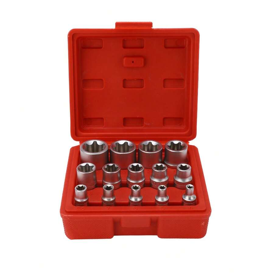 Juego de Llaves de Estrella Hembra E-Torx - 14 Piezas, Llaves de Vaso y Dados Torx Hembra E4-E24, Torsión 1/4" 3/8" 1/2", Kit de herramientas de reparación - Plateado - Ver 1