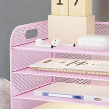 1pc Organizador de papel de 5 bandejas con asa - Organizador de archivos/cartas de escritorio en rejilla, clasificador de papel rosa para oficina, hogar o escuela,Caja de Almacenamiento para Suministros de Oficina - Rosa - Ver 4