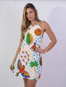 Short Dress With Zipper In The Back, Printed Summer Design. - Violet Purple - View 1