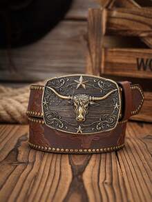 1pc Western Cowboy Style Bull Head Buckle Leather Belt, Fashion PU Material Unisex Retro Belts, 4 Colors Available - Ox - View 17