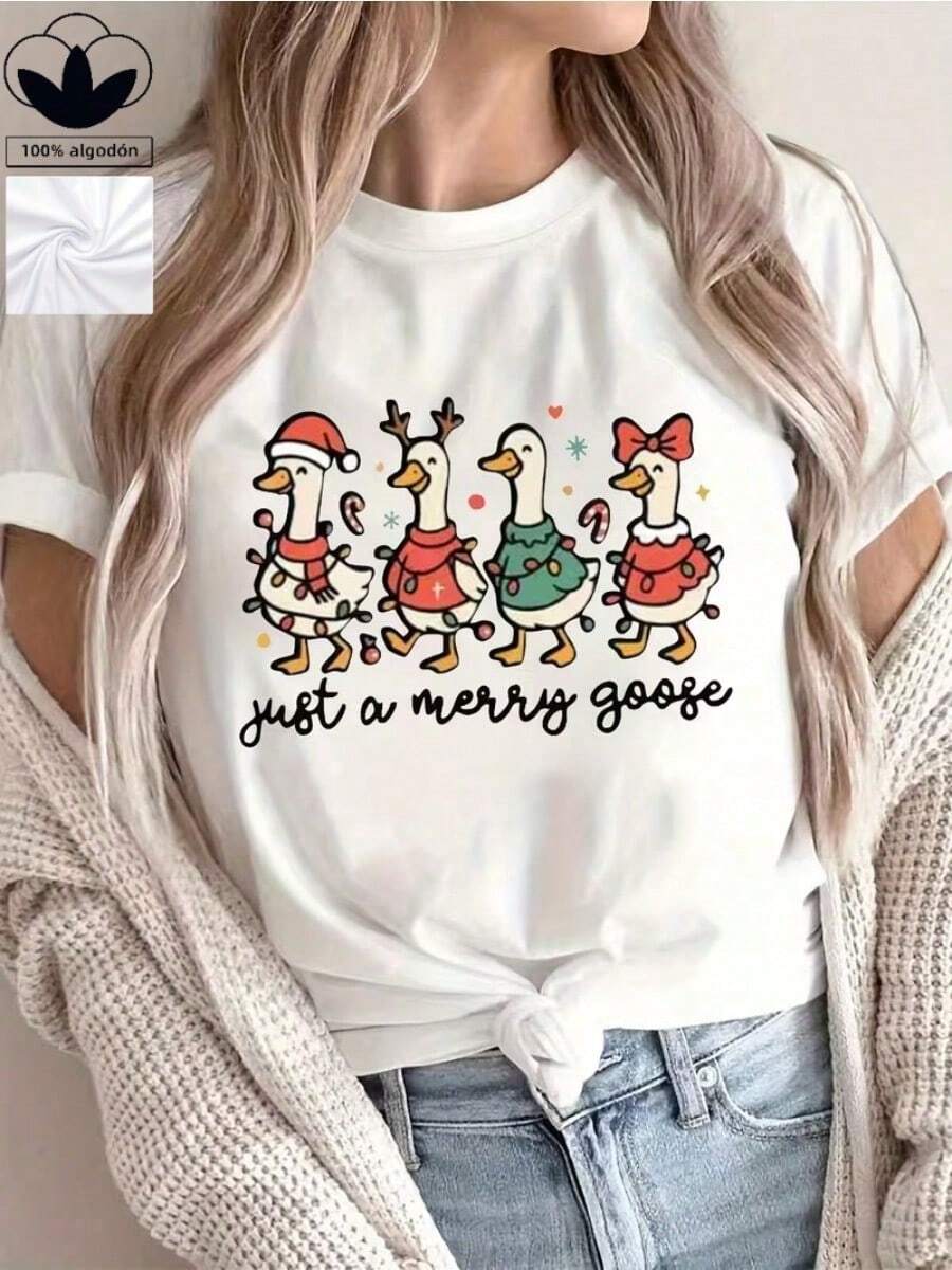 Camiseta navideña informal para mujer, 100% algodón, con estampado de ganso navideño, cómoda camiseta de manga corta y cuello redondo, adecuada para primavera y verano, fiestas navideñas y para usar en invierno, adecuada para cualquier ocasión, color liso, estilo informal, fiesta de Navidad, reunión familiar, uso diario. - Blanco - Ver 1