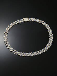 1 Set Men's 14mm Wide Hip Hop Style Fully Iced Out Diamond-Shaped Dual-Tone Cuban Link Chain Necklace And Bracelet Set - Style a - View 13