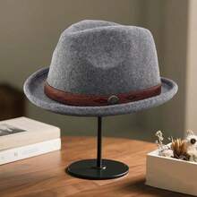 Sombrero de jazz para hombres y mujeres, estilo occidental vintage, de cuero sintético, con banda decorativa y ala enrollada, sombrero Fedora, decoración de otoño, Año Nuevo, regalos de San Valentín, regalo de Navidad, clásico y elegante,  de , alta tasa de recompra. - Gris - Ver 5