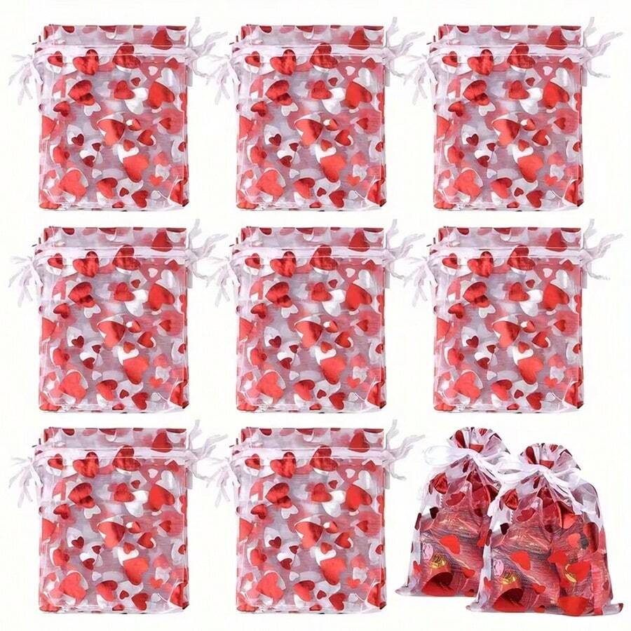 50个装，情人节爱心包装套装，开口网纱袋，欧根纱首饰袋，化妆品抽绳收纳袋 - 彩色 - 查看 1