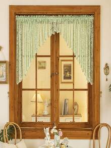 1pc Premium Lace Ruffle Sheer Curtain Panel, Elegant Design With Flower Trim Small Window Valance - Green - View 7