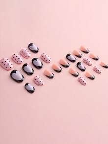 Valentine's Day, 24pieces Oval-Shaped Sticker Nail Art, Valentine's Day Heart-Shaped Dot Bow Edge Pink Bow Sweet Design Full Coverage Nail Art Sticker Set, False Nails, Suitable For Ladies' Dates, Parties, Daily Work, Parties And Other Occasions, Enhancing Your Charm - Multicolor - View 4