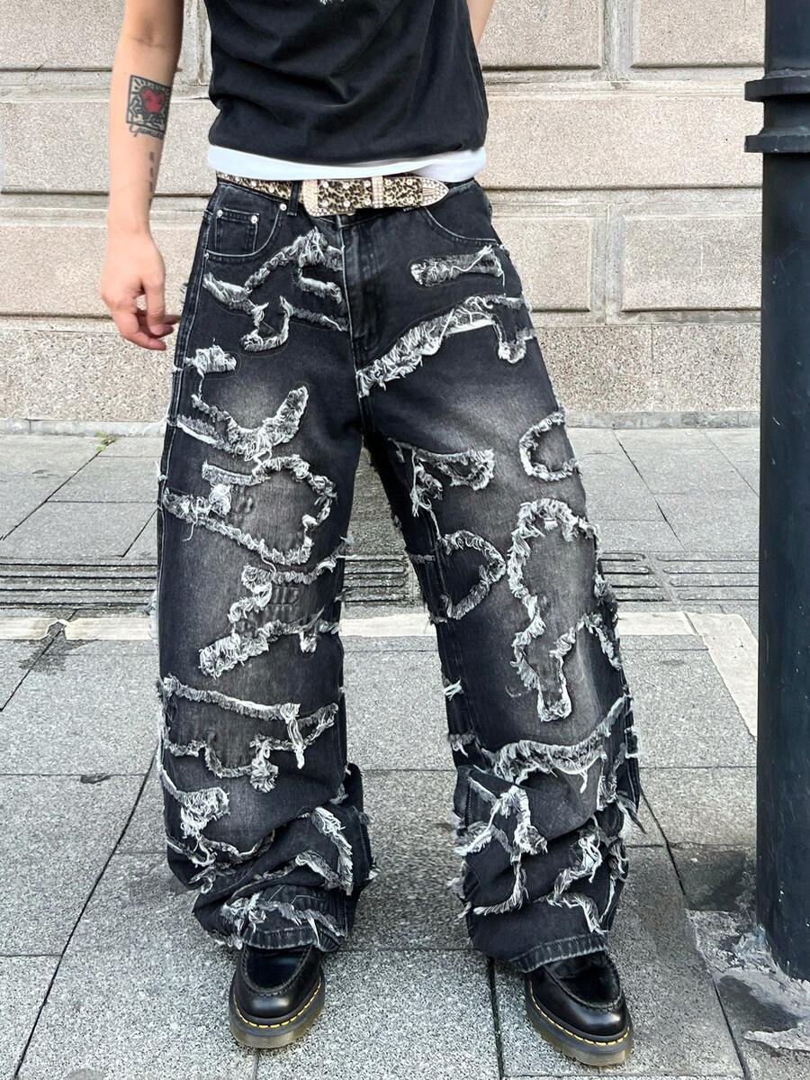 1pc Fashionable American Street Style Men's Embroidered Wide-Leg Jeans, Loose And Comfortable, High Street, All Season - الأسود - مشاهدة 1