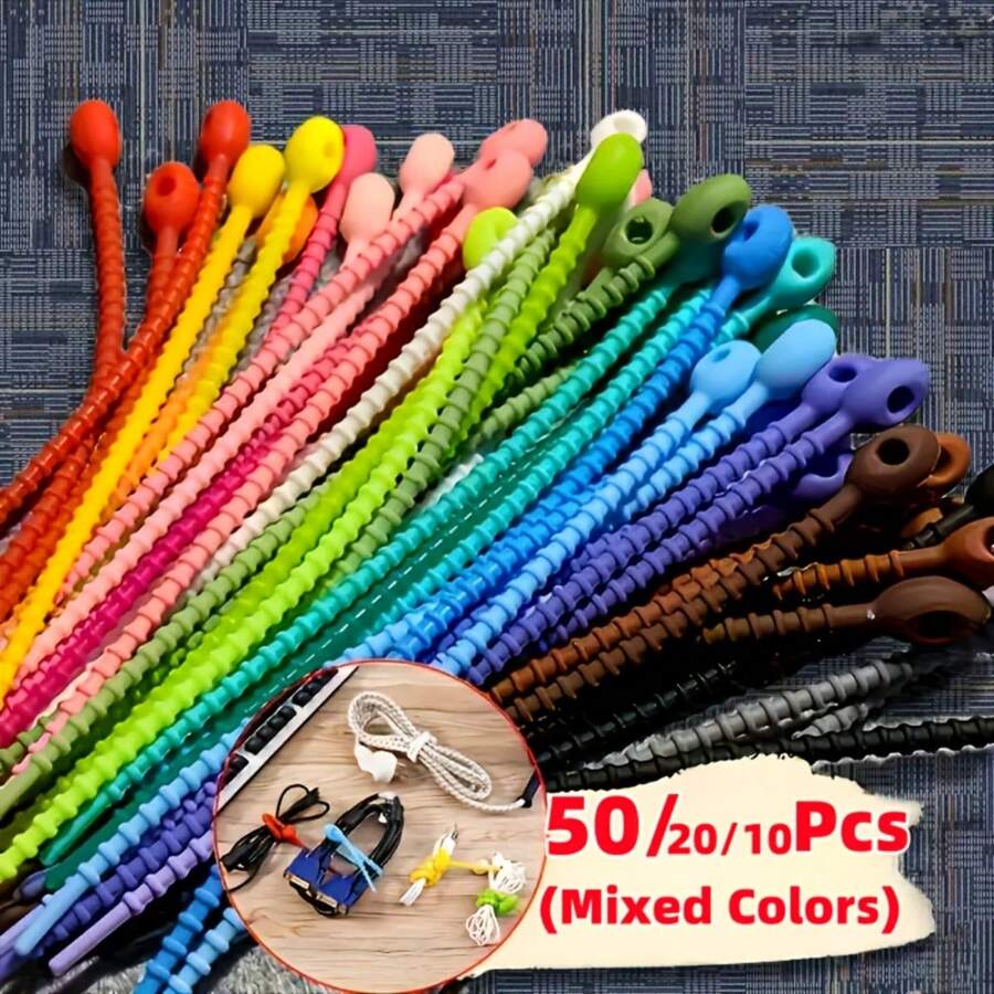 100/50/30/10个装可重复使用硅胶理线器 - 多功能拉链扭结式理线带，经久耐用且柔韧，是家庭办公室、电子产品等的理想之选，桌面理线器，理线，趣味设计，柔韧材质，可收纳理线、扎线带、理线夹、理线保护套、电脑配件、充电器保护套、办公配件、桌面配件、自粘式理线器