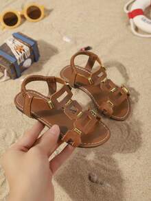 儿童时尚凉鞋，新款夏季平底镂空水钻搭扣设计，轻便时尚透气女童沙滩凉鞋 - 棕色 - 查看 5