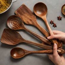5pcs Premium Wooden Kitchen Utensils Kit -Ergonomic Handles Natural Wooden Spoons Spurtle Ladle And Wok Spatulas Heavy-Duty Wooden Utility Set For Non-Stick Pans Heat Resistant Easy To Clean And Durable Kitchen Essentials Cookware Accessories  Home And Living New In Dinnerware Christmas Present Cocina Kitchen Essentials Kitchen Gadgets Cooking Utensils - màu nâu - Xem 6
