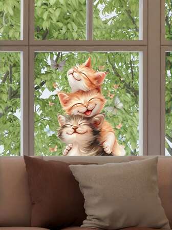 1张可爱猫咪蝴蝶舞墙贴，卡通可爱猫咪多洛汉蝴蝶自粘卧室温馨装饰贴纸，适用于儿童房、卧室、客厅，可爱风格装饰