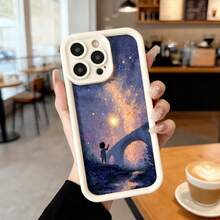 Funda para teléfono con borde negro estampado de galaxia y silueta de niño bajo cielo estrellado ideal para uso diario en cafeterías y espacios urbanos Aplicable a los teléfonos de la serie Apple y Galaxy - Burdeos - Ver 4