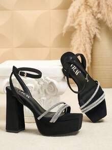 SVRM Women's Square Toe Platform High Heel Buckle Rhinestone Sandals, Elegant And Sexy For Social Party And Workplace, Open Toe, Black - Black - View 4