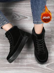 Botas de neve femininas com zíper, modelo mais recente de tênis de cano alto para outono/inverno 2025, com forro térmico e forro grosso de pele, fechamento lateral com zíper e cano médio estiloso, bico redondo e plano, couro antiderrapante e impermeável, tênis de cano alto para atividades ao ar livre, resistentes ao frio e anticongelantes, ideais para casais, férias, encontros, festas e muito mais. - Preto - Ver 4