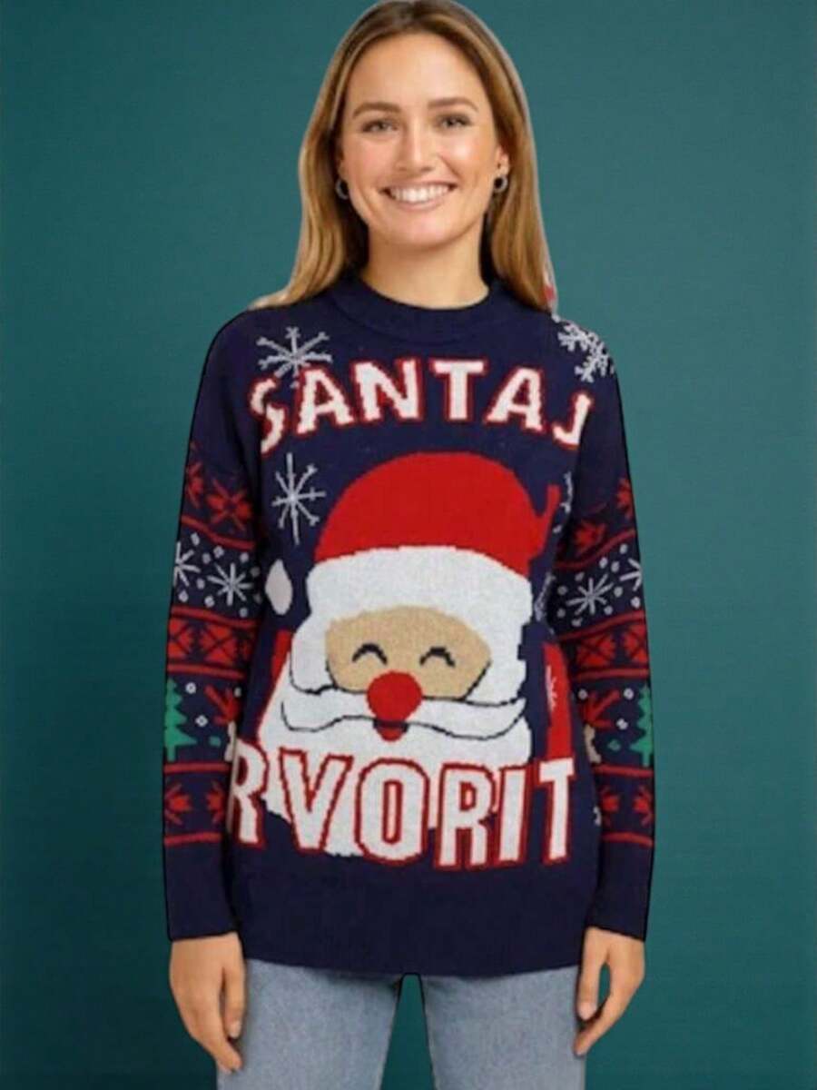 Suéter navideño feo para mujer, estampado de Papá Noel, manga larga, cuello redondo, poliéster sin elasticidad, ideal para fiestas navideñas. - azul real - Ver 1