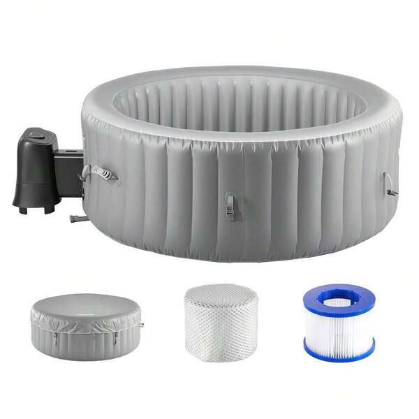 Inflatable Hot Tub For 2-4 People, 1800 X 660mm Round Spa With 110 Jets, Filter, Cover & Mat, Multi-Function Control Panel, Portable PVC Outdoor Relaxation Tub, Grey