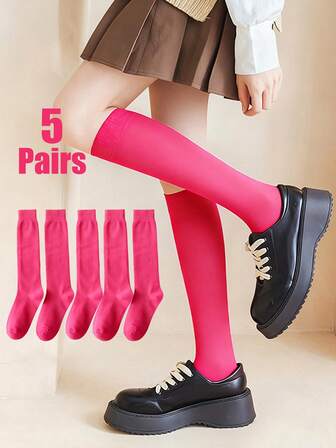 5 Pairs Women's Soft & Fashionable Magenta Knee-High Socks