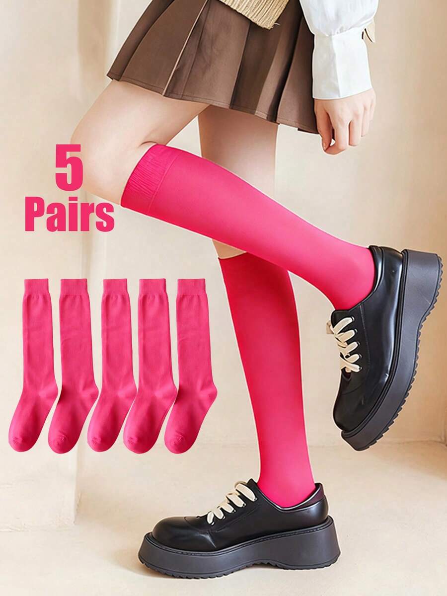 5 Pairs Women's Soft & Fashionable Magenta Knee-High Socks - Hot Pink - View 1