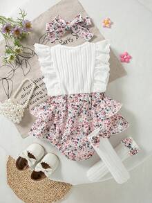 Conjunto de body floral rosa lindo con mangas con volantes, calcetines con lazo y diadema para bebé niña en verano - Blanco - Ver 2