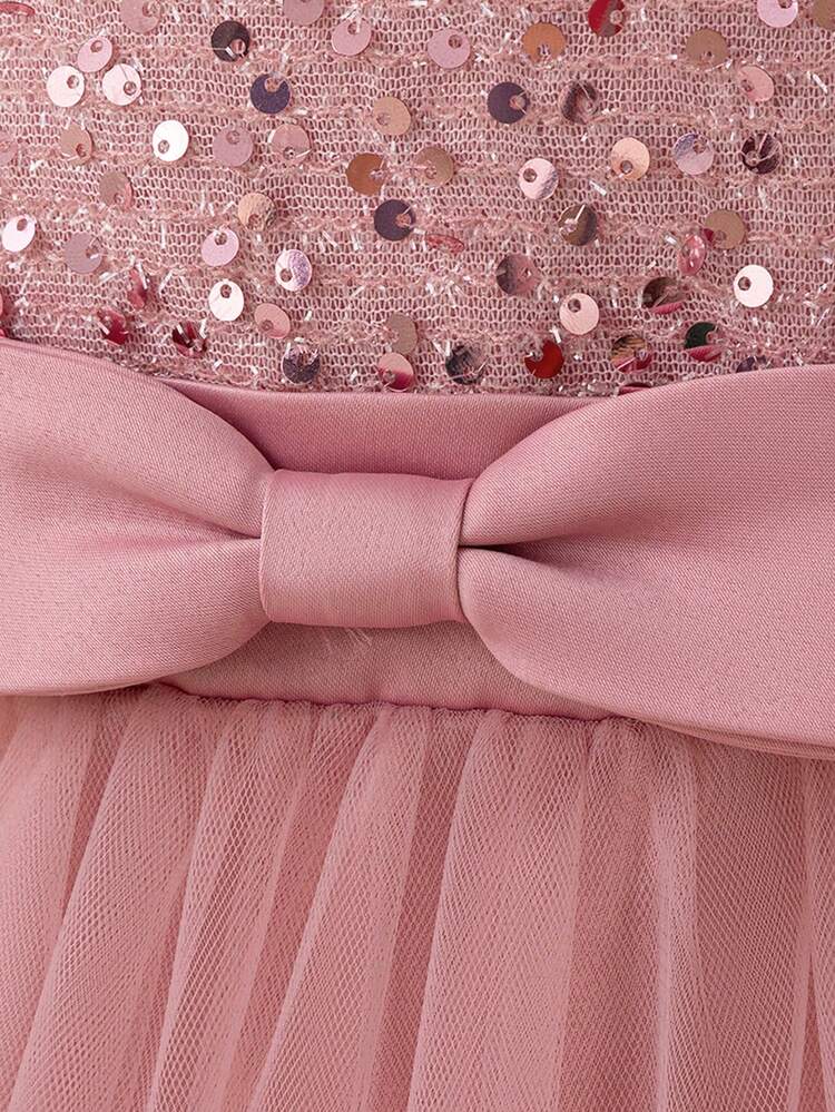 Tween-Mädchen 3D-Paillettenkleid mit Blumenmuster aus Mesh für Geburtstagsfeiern, geeignet für Abschlussball, Feierlichkeiten und Familienfeste (ohne Haarband). - Altrosa - Übersicht 7