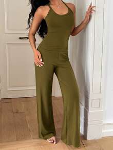 GAOVOT Bộ đồ thể thao hai mảnh màu trơn không tay, áo hai dây và quần ống rộng ống đứng thoải mái cho nữ - Màu xanh Ô liu - Xem 6