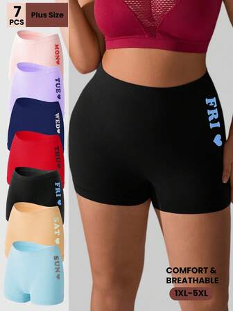 Paquete de 7 piezas Ropa interior de talla grande para mujer con estampado de letras y días de la semana, de cintura alta, suave y cómoda, disponible en múltiples colores y tallas 1XL-5XL, adecuada para uso diario, fitness, entrenamiento y yoga