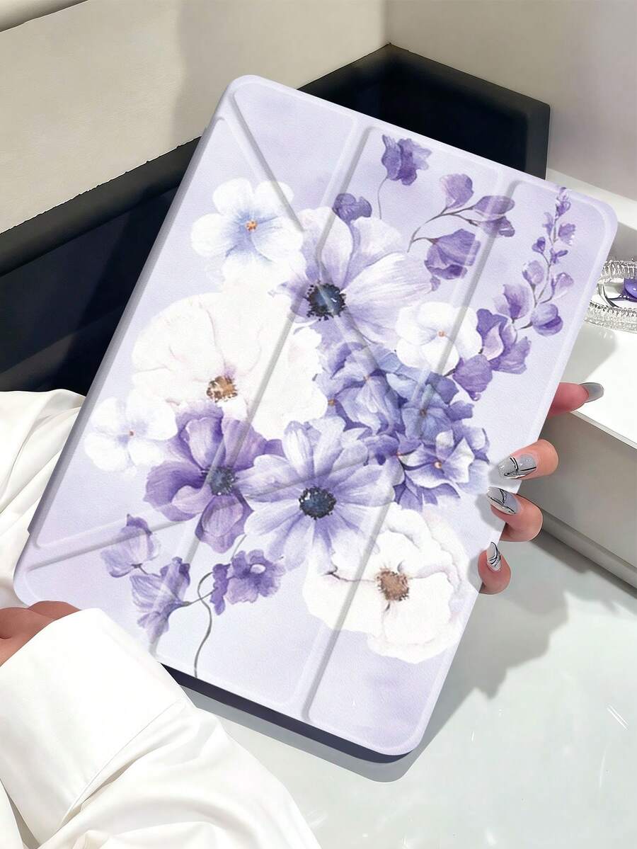 蓝紫色花卉图案平板电脑保护套,兼容 iPad Air 11 英寸 M3 2025 / M2 2024、iPad Air 第五代 2022、iPad (A16) 11 英寸第十一代 2025、三星 Galaxy Tab、Kindle Paperwhite 第十二代 2024,透明背壳,时尚图案保护套,具备自动休眠/唤醒功能,气囊保护,适合作为礼物和办公用品。 - 彩色 - 查看 1