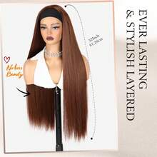 32英寸超长发箍假发，合成直发假发，自然黑色，带发箍，长款耐热纤维直发假发，适合女性日常佩戴和派对装扮 - 棕色 - 查看 5