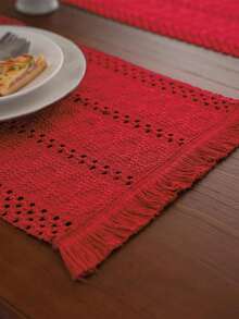 1 pieza Tapete de mesa estilo vintage americano country de color rojo sólido tejido con flecos, mantel rectangular para mesa de café, mueble de TV, fiesta festiva, cumpleaños, decoración del hogar, para todo el año - Rojo - Ver 9