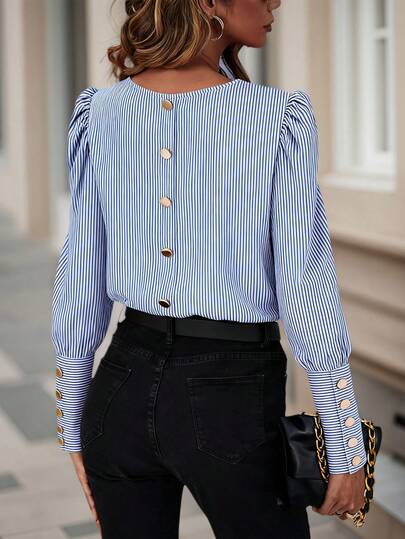 Elegant Blue & White Striped Puff Sleeve Blouse Button Back Puff Sleeve Blouse Fall Cloth For Women Spring