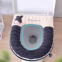 Thickened Plush Toilet Seat Cover, Washable, Warm And Soft Universal Toilet Seat Cover, Checkerboard Rabbit Ear / Cute Raccoon Toilet Sticker - Multicolor - View 2