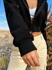 Sudadera deportiva casual para mujer, ropa deportiva básica de unicolor y cómoda para ciclismo, correr, baloncesto, adecuada para graduación, regreso a la escuela, uniforme de maestro, otoño/invierno - Negro - Ver 3