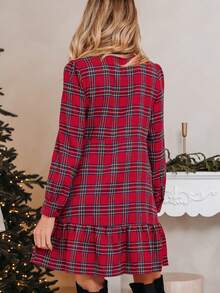 Women's  Plaid Dress Fashion Contrast Color Long Sleeve Casual A Line Dresses Christmas Dress - 紅色 - 查看 5