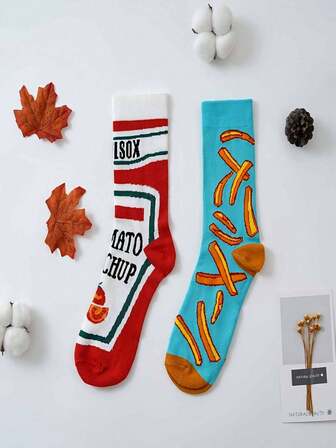 2双秋冬季男女通用薯条番茄图案中筒袜，趣味十足，柔软舒适，百搭实用