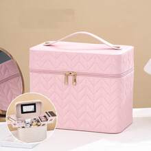 Cosmetiquera de Bolso Para Uso Diario, Bolsa de Maquillaje con Espejo, Imitación de Piel, 4 Compartimientos Plegables, Para Maquillaje, Perfumes, Joyería, Con Correa de Transporte, Accesorio de Belleza, Diseño con Relieve y Elegante - Rosa - Ver 3