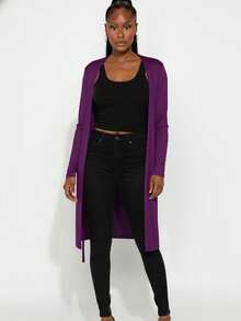 Womens Casual Elegant Long Knitted Cardigan With Shawl Collar And Long Sleeve High Stretch Fabric - 紫色 - 查看 1