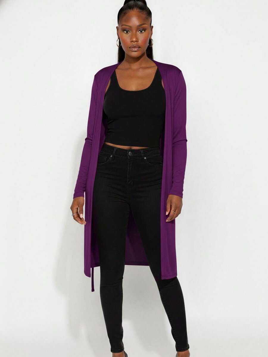 Womens Casual Elegant Long Knitted Cardigan With Shawl Collar And Long Sleeve High Stretch Fabric - 紫色 - 查看 1
