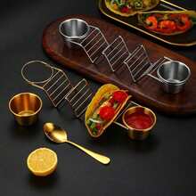 2/4件套不锈钢墨西哥卷饼/法士达饼架套装，包括酱料杯、勺子和可拆卸调味杯，防锈，可用洗碗机清洗，适用于厨房，墨西哥餐厅风格，可用作煎饼架、披萨展示架、春卷架等。 - 金色 - 查看 4