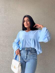Kissmelady 8346 Women's Plain Wide Leg Pants 8346 - 中等水洗藍 - 查看 3