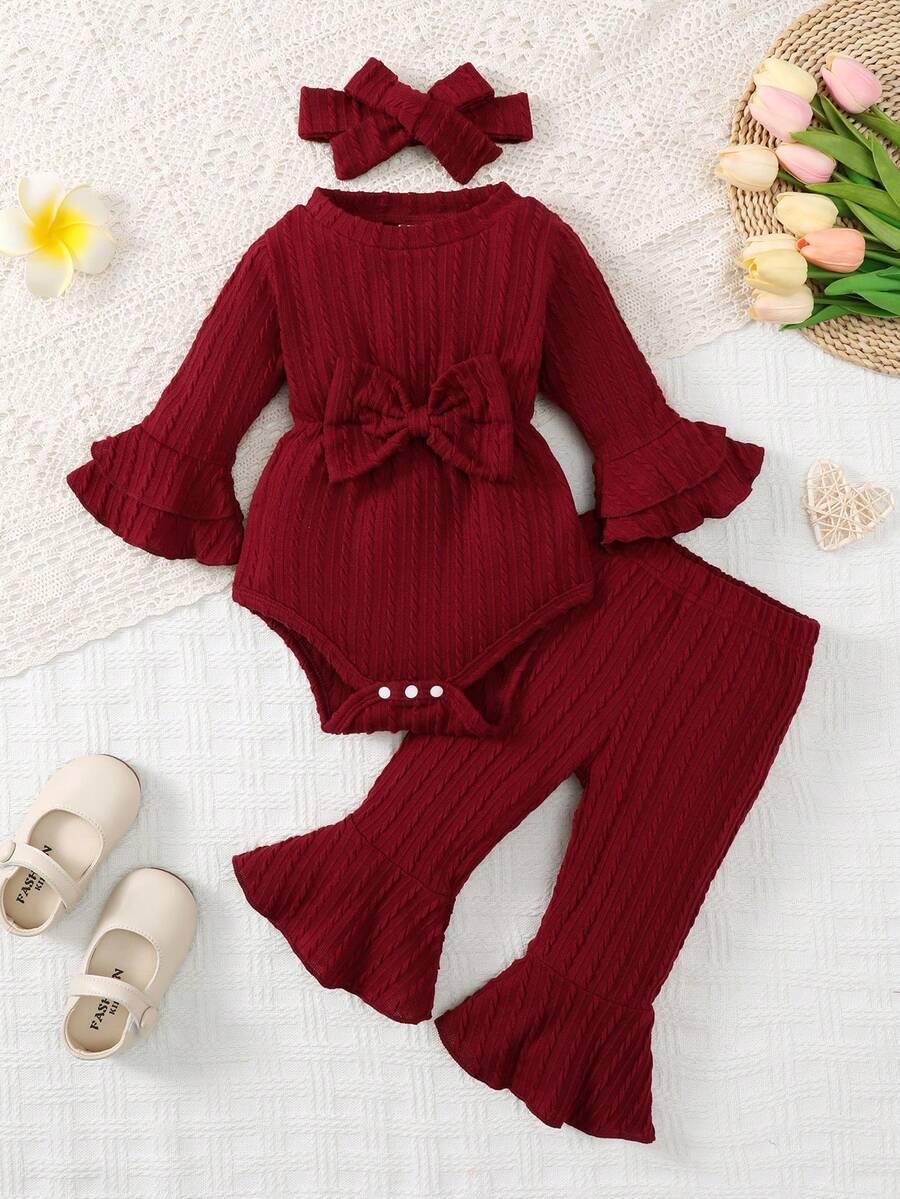 Conjunto de body y pantalones acampanados con diadema para bebé niña, de estilo casual con textura, cuello redondo, doble capa, mangas acampanadas y lazo delantero, para otoño/invierno - Rojo - Ver 1