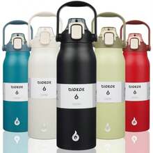 BJPKPK - Botellas de agua aisladas con pajita, 20 onzas lindas botellas de agua con asa, termo de metal de acero inoxidable sin , termo de fácil transporte para hombres y mujeres, color blanco(1.7 Litros 57 ozBlack) - Multicolor - Ver 1