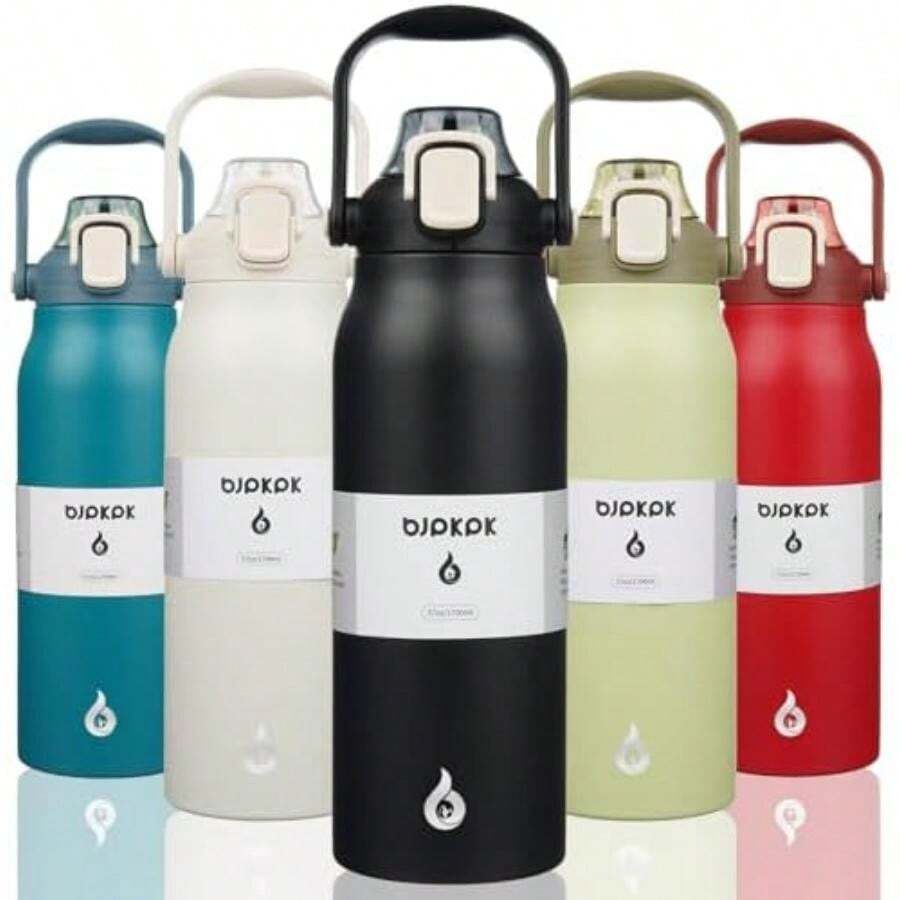 BJPKPK - Botellas de agua aisladas con pajita, 20 onzas lindas botellas de agua con asa, termo de metal de acero inoxidable sin , termo de fácil transporte para hombres y mujeres, color blanco(1.7 Litros 57 ozBlack) - Multicolor - Ver 1