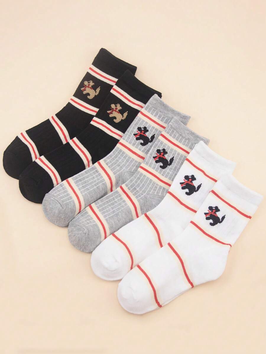 6 Pairs Women's Warm Fuzzy Crew Socks, Simple & Comfortable, Puppy Jacquard Fashion Collegiate Style Unisex Winter Long Socks