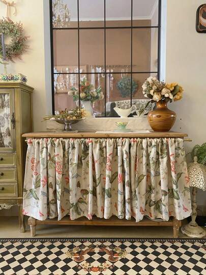 1pc Vintage Floral & Plant Print Semi-Sheer Curtain, Suitable For Small Windows, Creates Cozy Home Atmosphere, Coffee Color, For Kitchen, Bookshelf, Farmhouse Style Dust-Proof Curtain