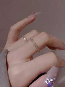 2pcs Women's Stainless Steel Rose Gold Matte Finish Ring Set - Rose Gold - View 1